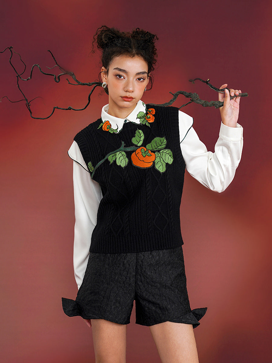 Original Chinese style embroidered vest, persimmon vest, sleeveless round neck, new Chinese retro style outerwear, layered sweater