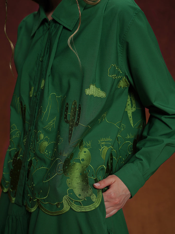 Original Design Women's Retro Pine Green Embroidered Shirt, Women's Relaxation, Niche Loose Top