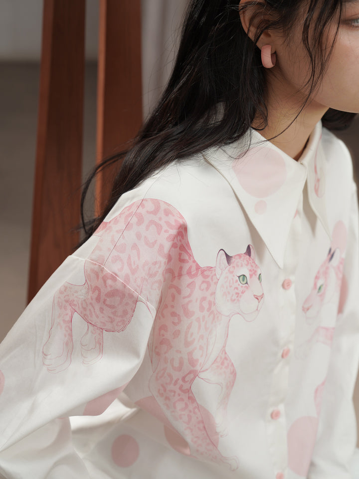 Pink Leopard Hand-Painted Shirt - Artistic Retro Oversized Lapel Blouse