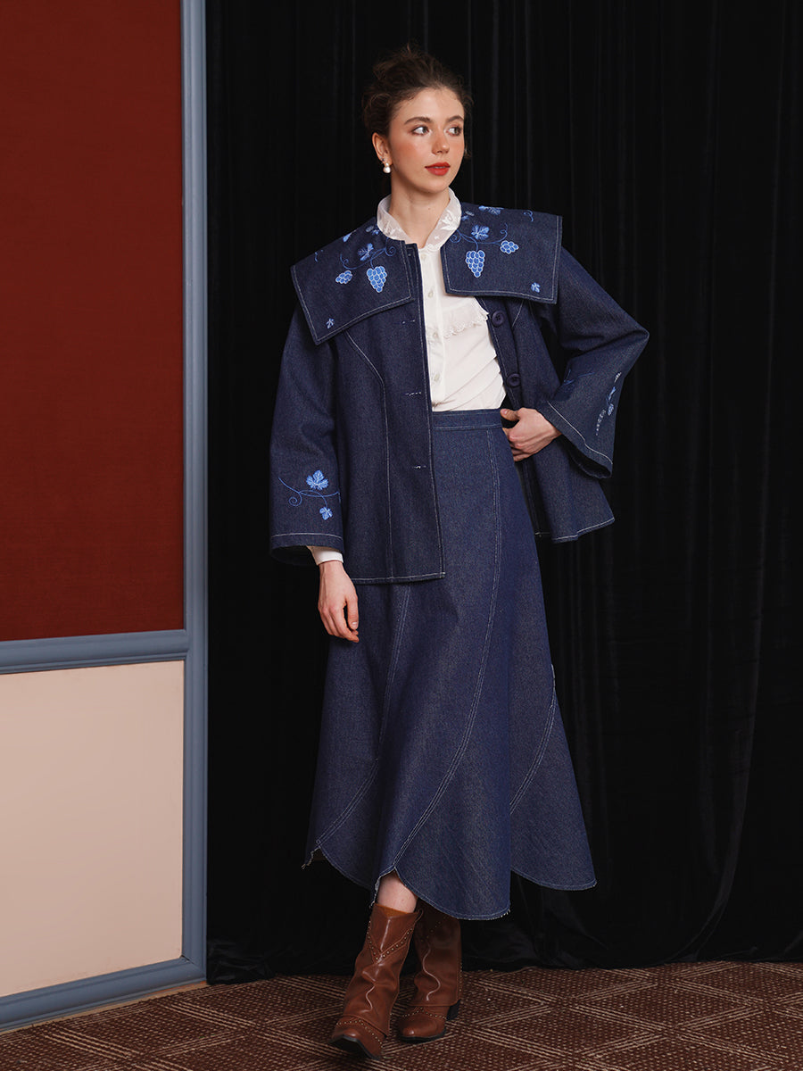 Original Heavy Industry Embroidered Cowboy Coat Spring Big Collar Top Retro Wide Sleeves Art Stand Cut