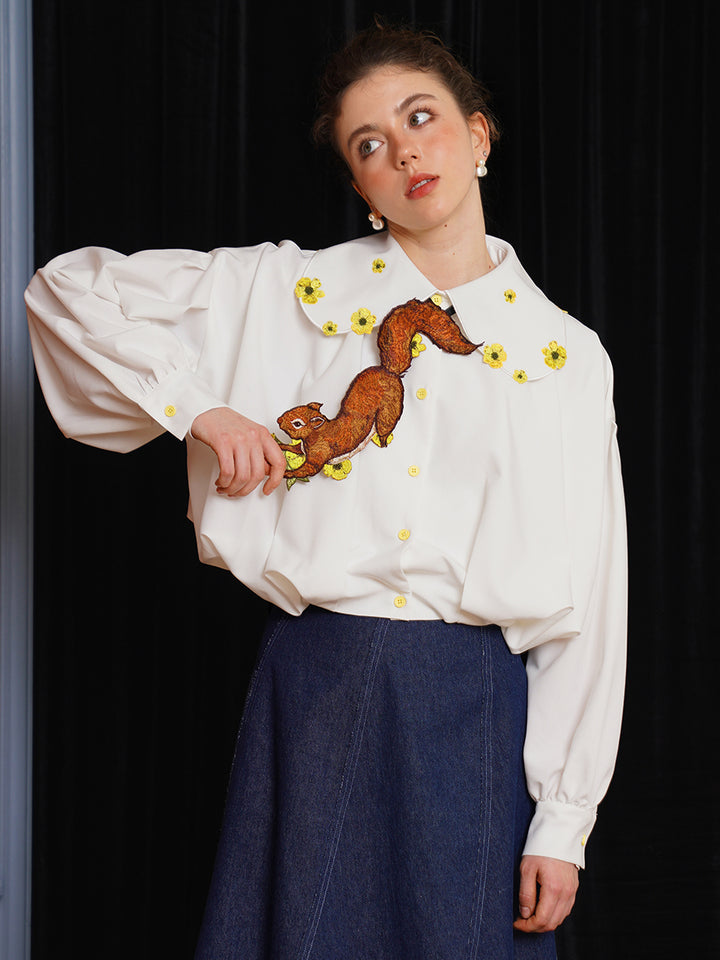 Forest Fairy Squirrel & Flower Embroidered Tie - Retro Knot-Free Niche Gift