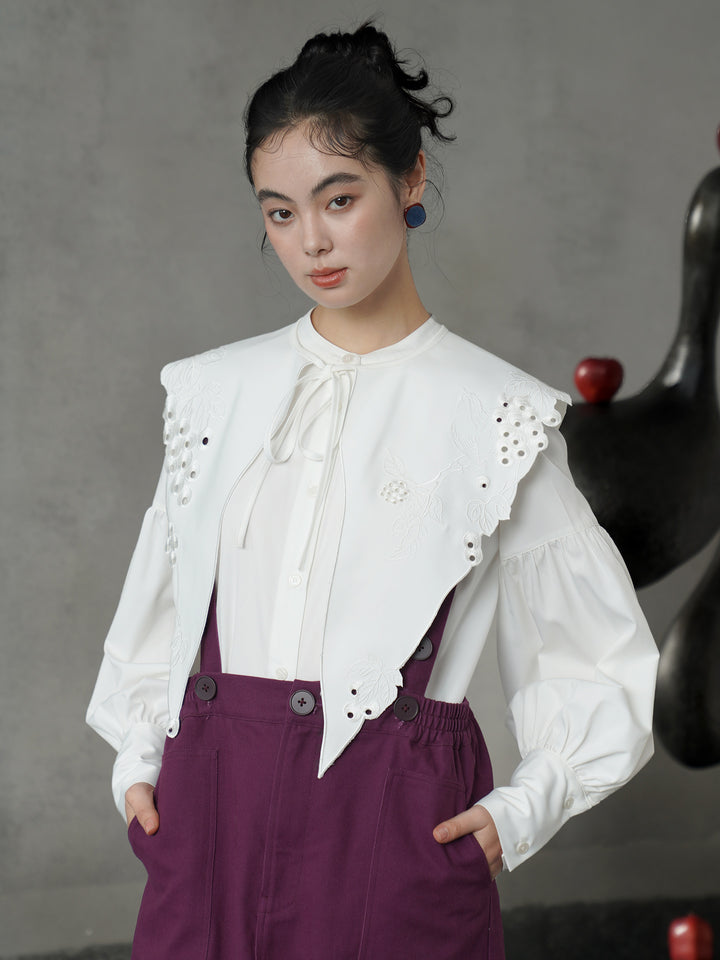 Vintage White Embroidered Princess Sleeve Shirt | French Chic Detachable Collar Top