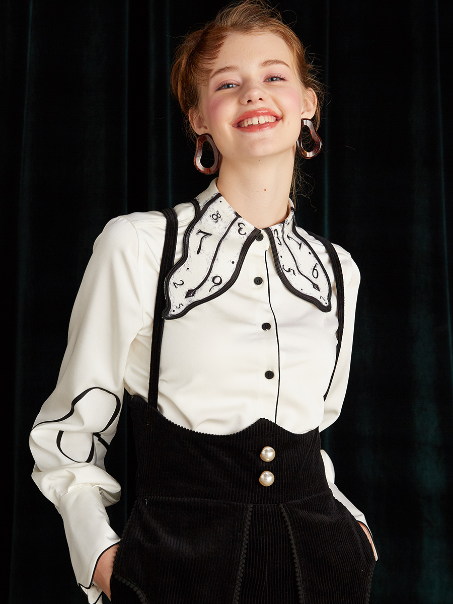 Early Autumn Original Design Time Passes Printed Embroidery Clock Collar Design Sense Niche Black and White Shirt for Women