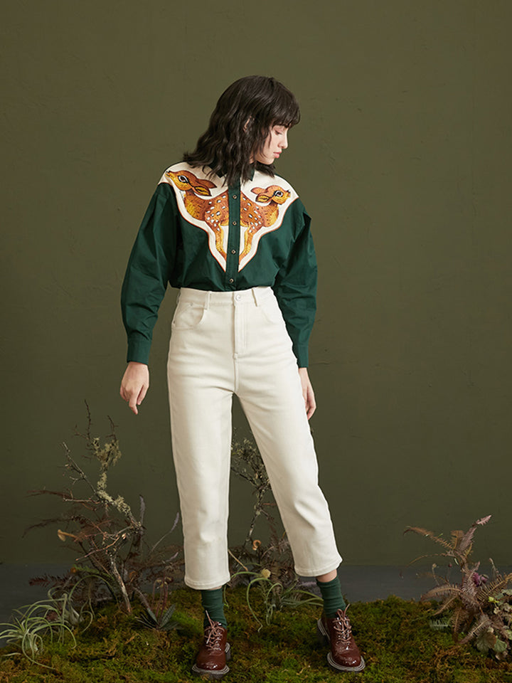 Forest Deer  Thick Cotton Shirt -  Heavyweight Embroidered Contrasting Top