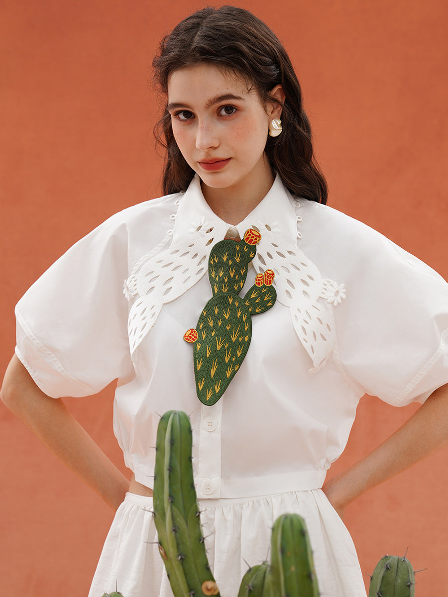 Original plant embroidery small V-neck hollow collar shirt wrinkle resistant breathable fabric short shirt versatile