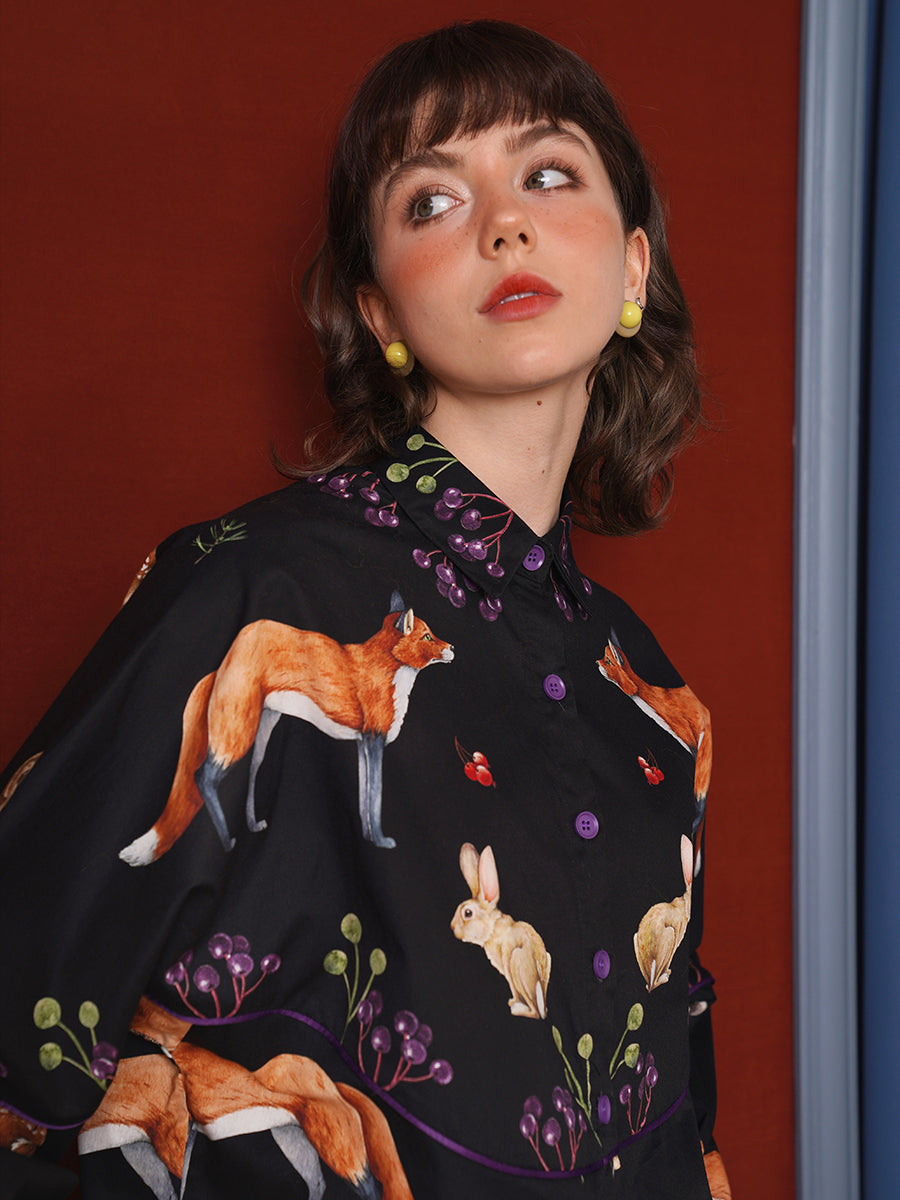 Original retro art shirt, classical hand-painted animal illustration printed top, casual spring and summer small shirt for women