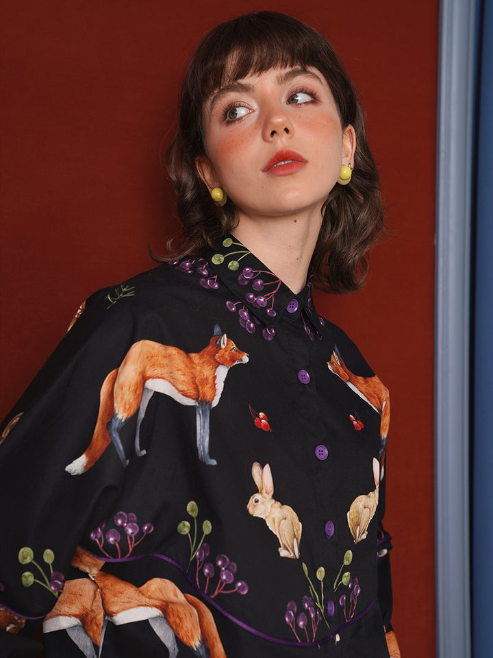 Original retro art shirt, classical hand-painted animal illustration printed top, casual spring and summer small shirt for women