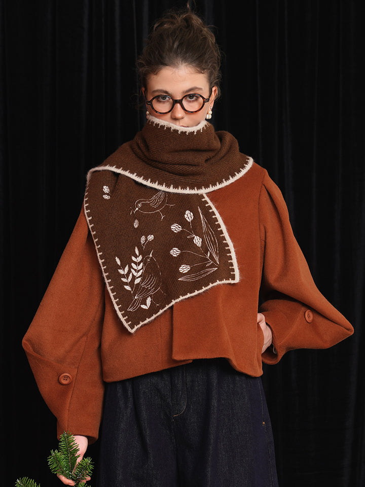 Original Retro Forest Embroidered Scarf Thickened Soft Sticky Skin friendly Shawl Warm Classic Deep Brown Gift