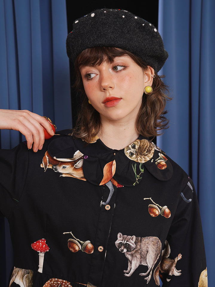 Original classical art style spring/summer dress with petal collar, retro illustration, animal print, long waist cinching skirt