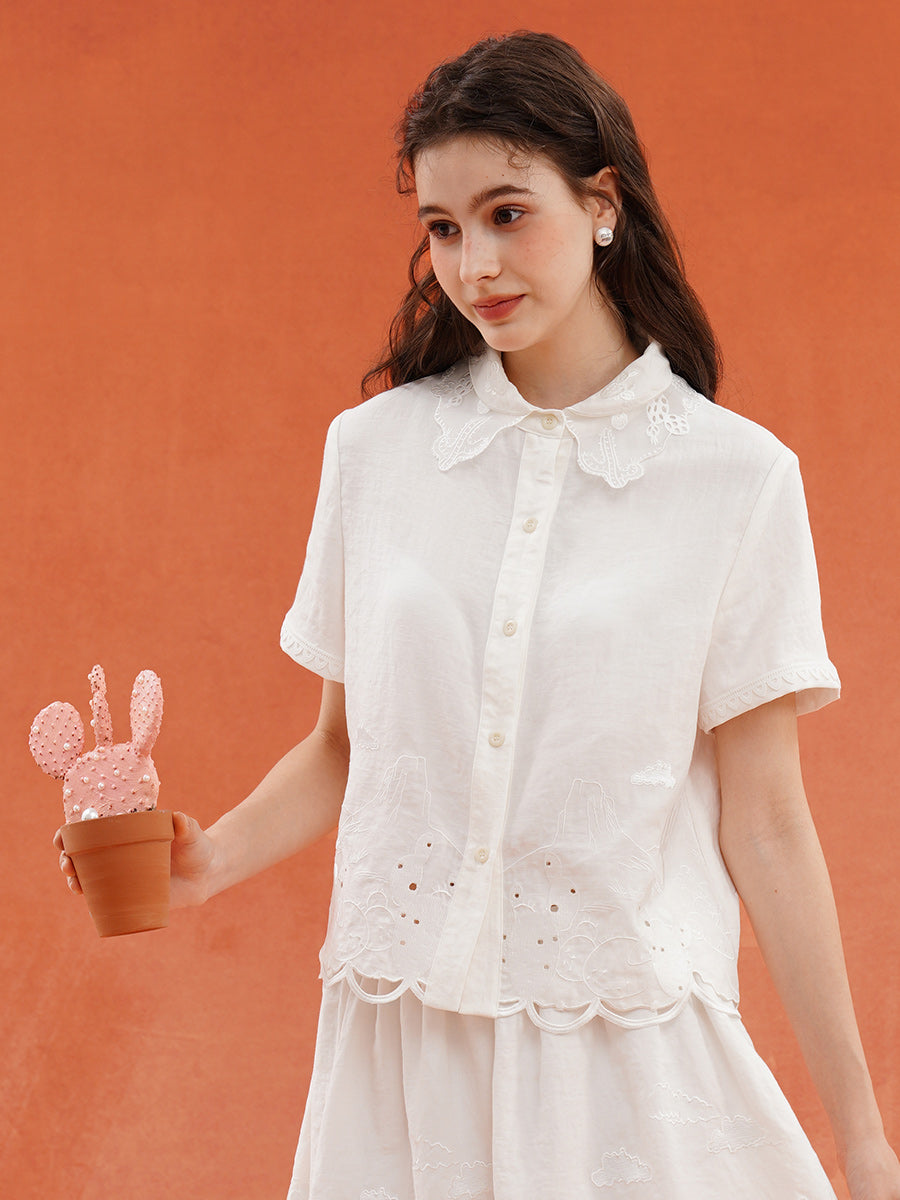 Original woven summer French style retro white shirt with plant embroidery and carved holes, slightly transparent, lightweight and versatile top
