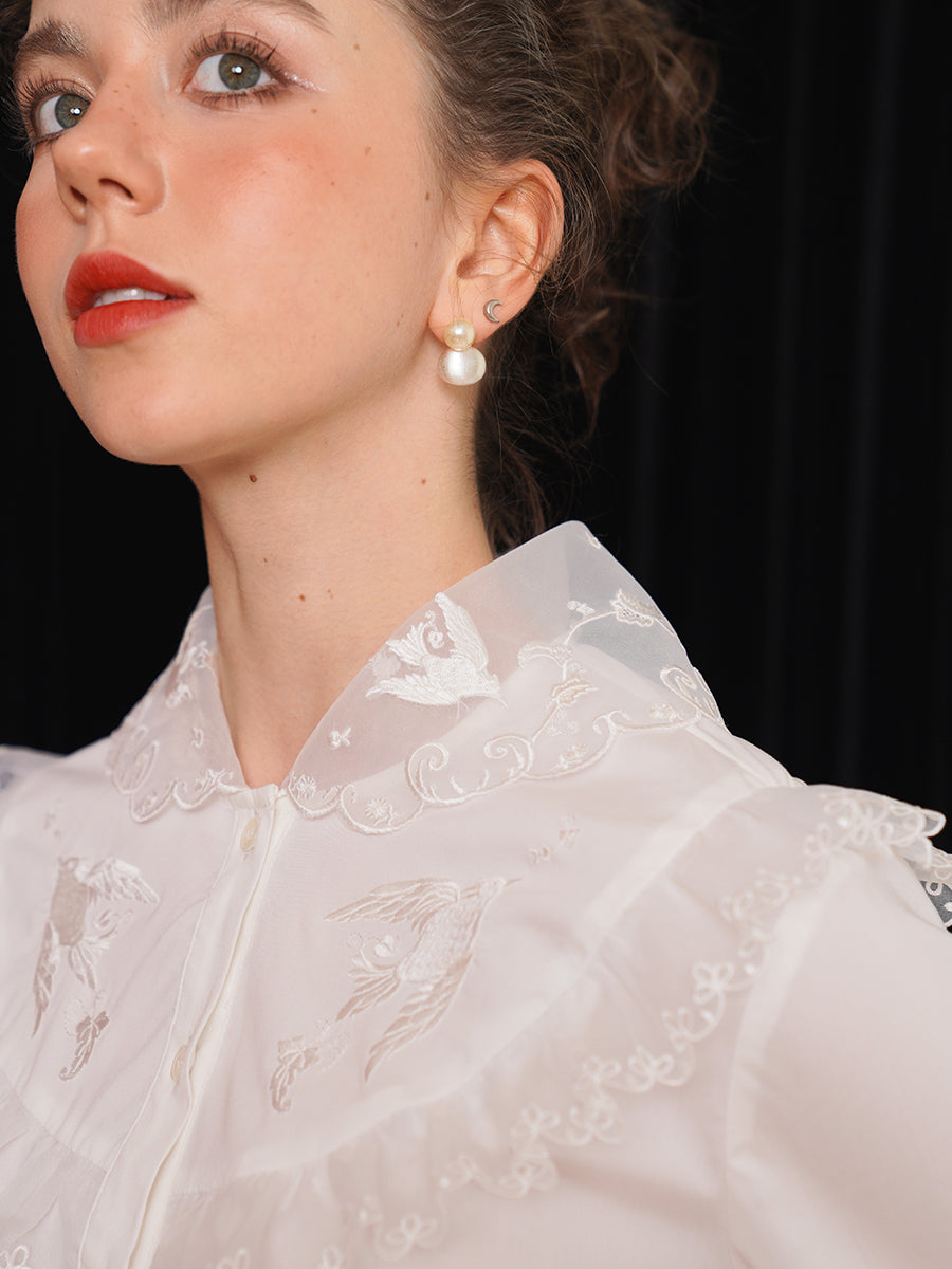 Original double-layer lace embroidered collar shirt French romantic spring/summer white top intellectual retro winter interior