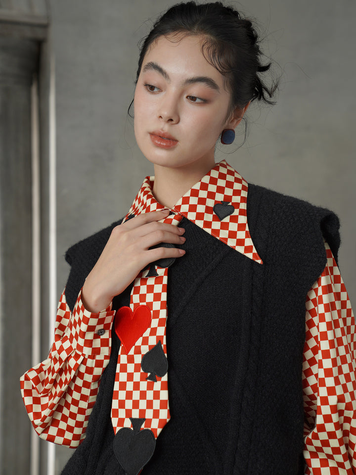 Vintage Red Diamond & Poker Embroidered Shirt | Preppy Style Lapel Blouse
