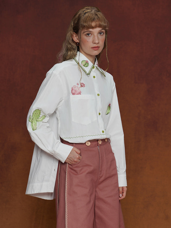 Original design, niche retro shirt, heavy embroidery long sleeved women's Cuban collar loose top