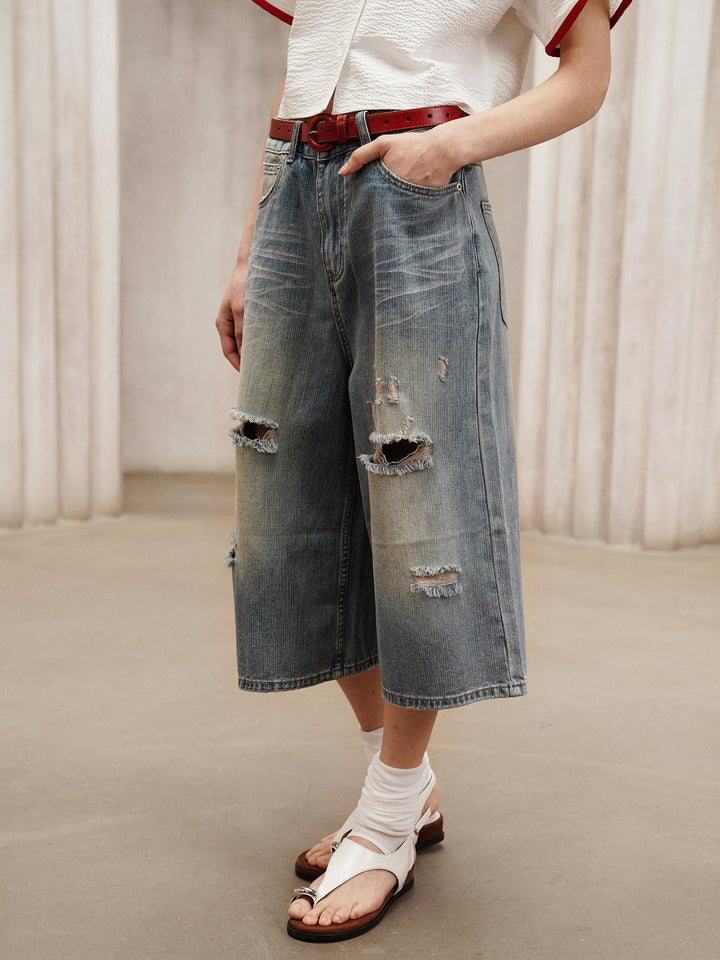 2026 vintage American style street jeans, ripped and washed, cropped pants for women, summer wide-leg pants, high-waisted pants