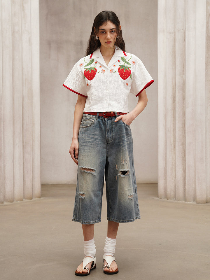 2026 summer strawberry embroidery Instagram style shirt, Cuban collar short-sleeved dopamine versatile top for women