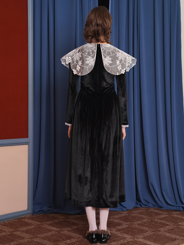 Velvet Noir French Retro Dress - Embroidered Large Lapel Slimming Black Midi