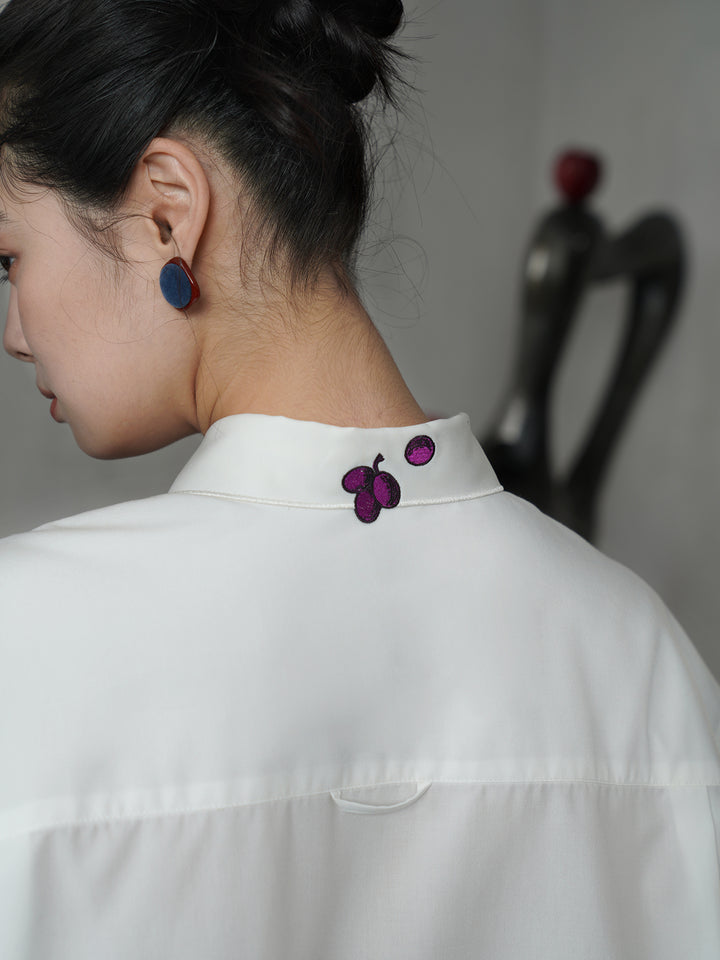 Vintage Grape Purple Embroidered Shirt | Contrast White Lapel Blouse