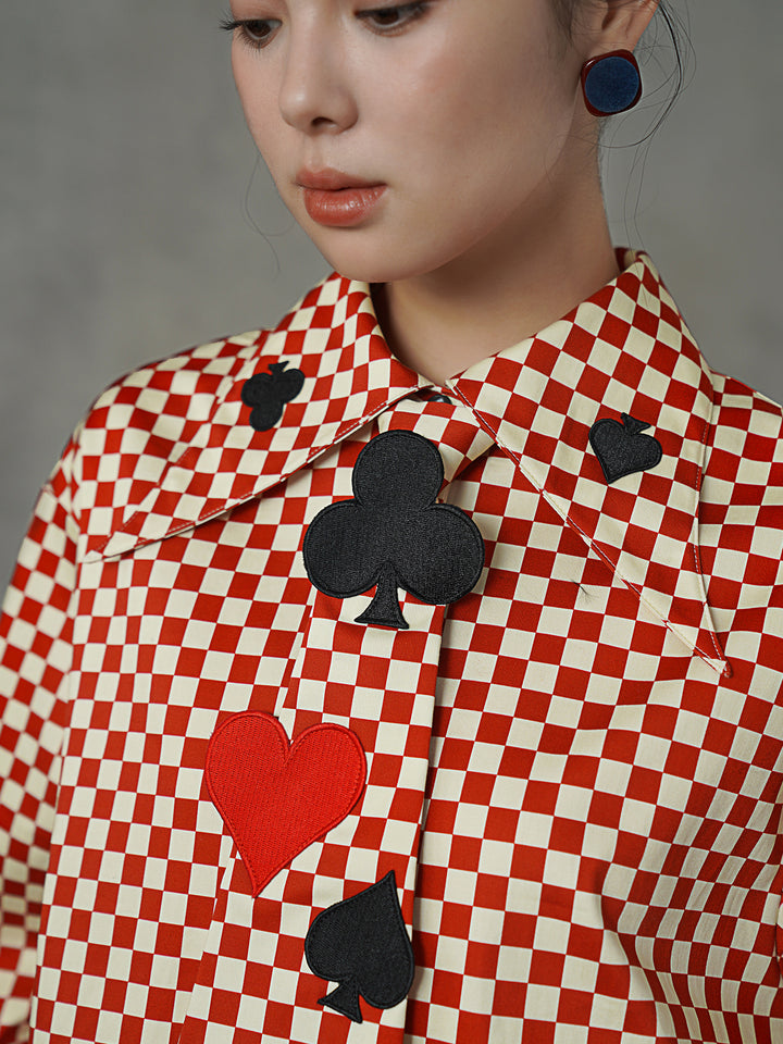 Vintage Red Diamond & Poker Embroidered Shirt | Preppy Style Lapel Blouse