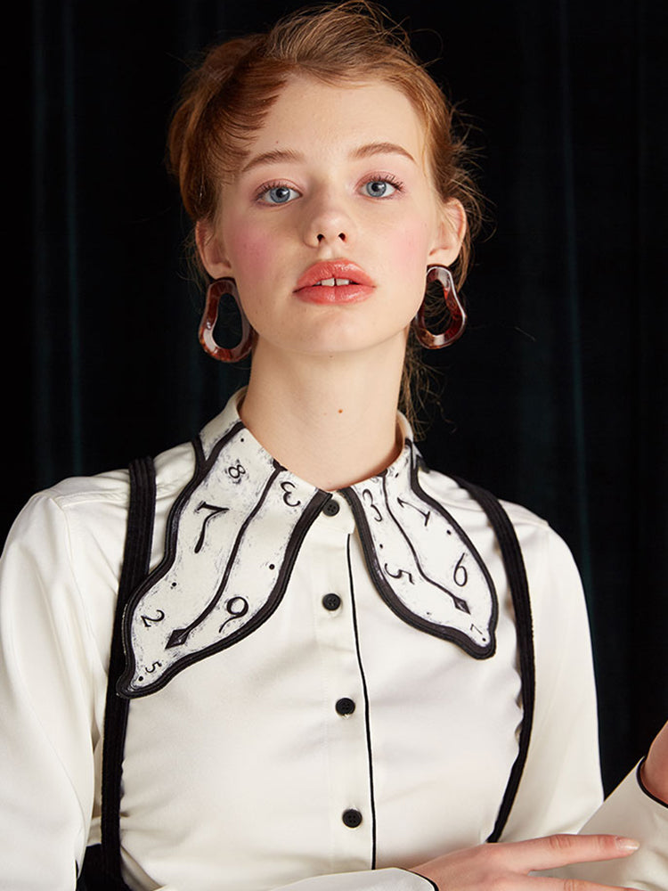 Time Passes Art Shirt - Original Clock Collar Embroidered Black & White Top
