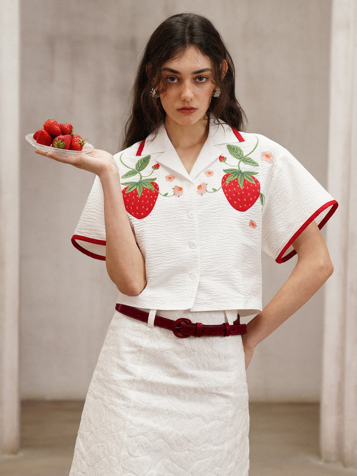 Strawberry Embroidered Cuban Collar Short-Sleeve Shirt