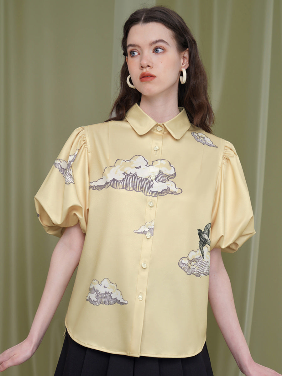Original 2025 new design sense niche short sleeved printed bubble sleeve flower shirt women's retro top short