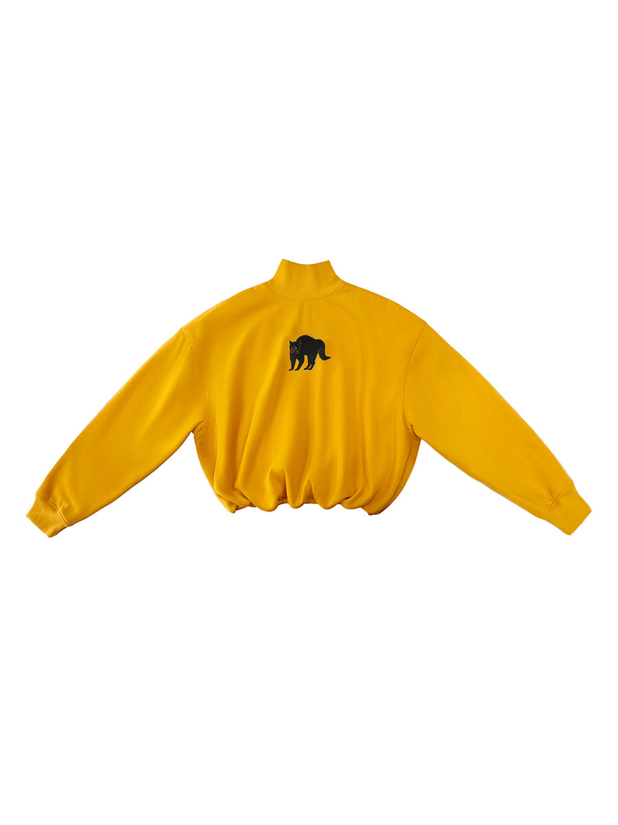 Sun Yellow Embroidered Black Cat Sweatshirt - Retro Streetwear Pullover with Half High Neck, Cute Embroidery Graphic Sweatshirt for Women