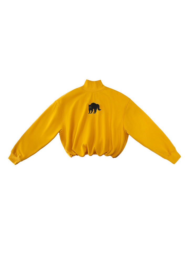 Sun Yellow Embroidered Black Cat Sweatshirt - Retro Streetwear Pullover with Half High Neck, Cute Embroidery Graphic Sweatshirt for Women