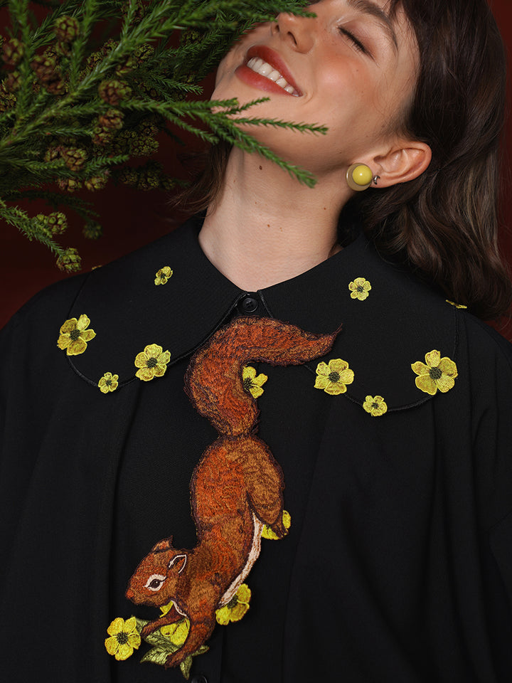 Forest Fairy Squirrel & Flower Embroidered Tie - Retro Knot-Free Niche Gift