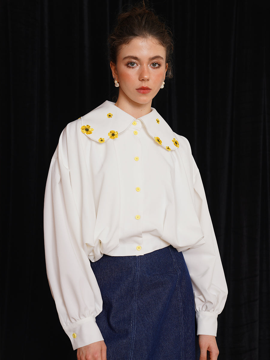 Retro plant embroidery collar shirt, squirrel and flower, niche designer top, off shoulder long sleeved jacket