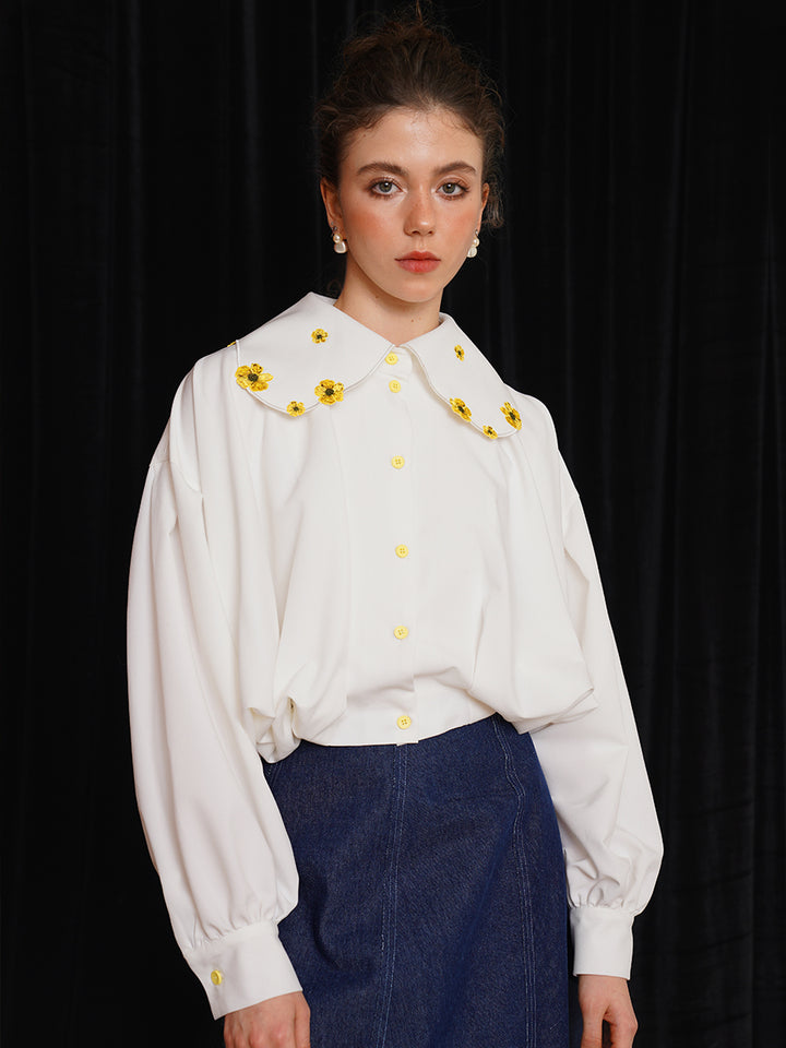 Retro plant embroidery collar shirt, squirrel and flower, niche designer top, off shoulder long sleeved jacket
