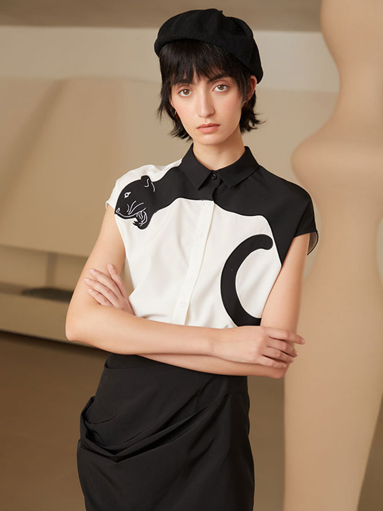 Urban Feline Leopard Shirt - Original Art Style Color Contrast Slimming Short Sleeve Blouse