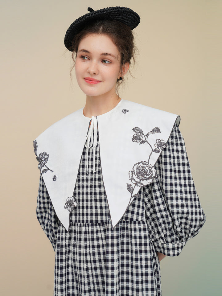 Original Embroidered Rose French Retro Long Sleeve Dress with Classic Black and White Grid Medium length Dress for Women