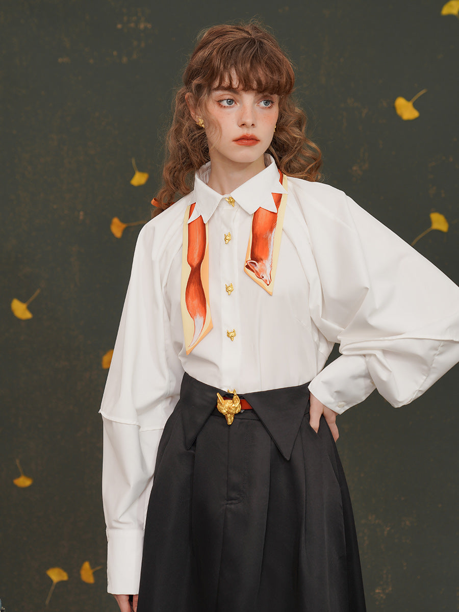 Artistic Fox Hand-Painted Narrow Scarf - Vintage Skinny Silk-Feel Long Tie