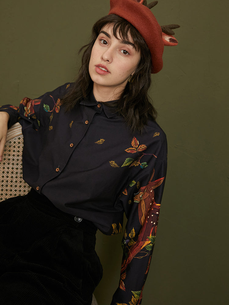 Hand-Drawn Deer Art Shirt - Original Retro Silhouette Long-Sleeved Top