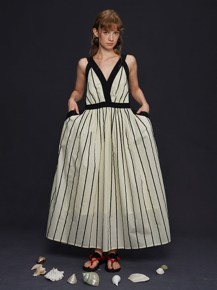 Original dress dress with camisole, retro striped dress, summer layered long dress, V-neck design feeling dress