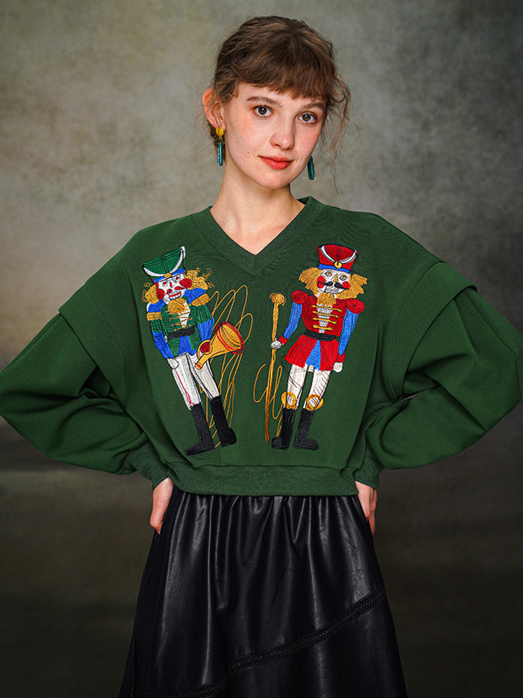 Nutcracker Embroidered Wide V-neck Hoodie with Spliced Sleeves