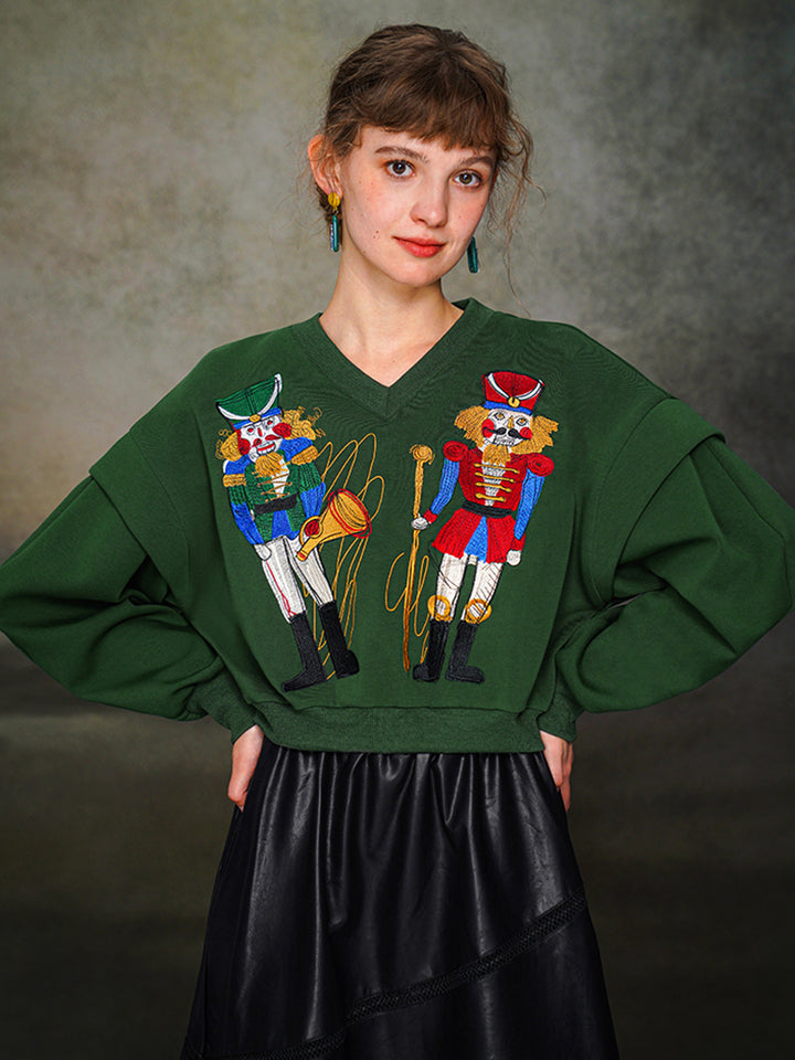 Nutcracker Embroidered Wide V-neck Hoodie with Spliced Sleeves