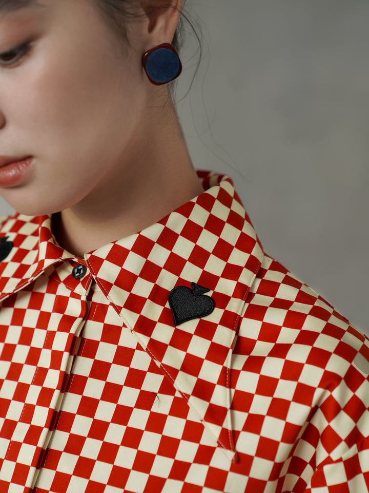 Vintage Red Diamond & Poker Embroidered Shirt | Preppy Style Lapel Blouse