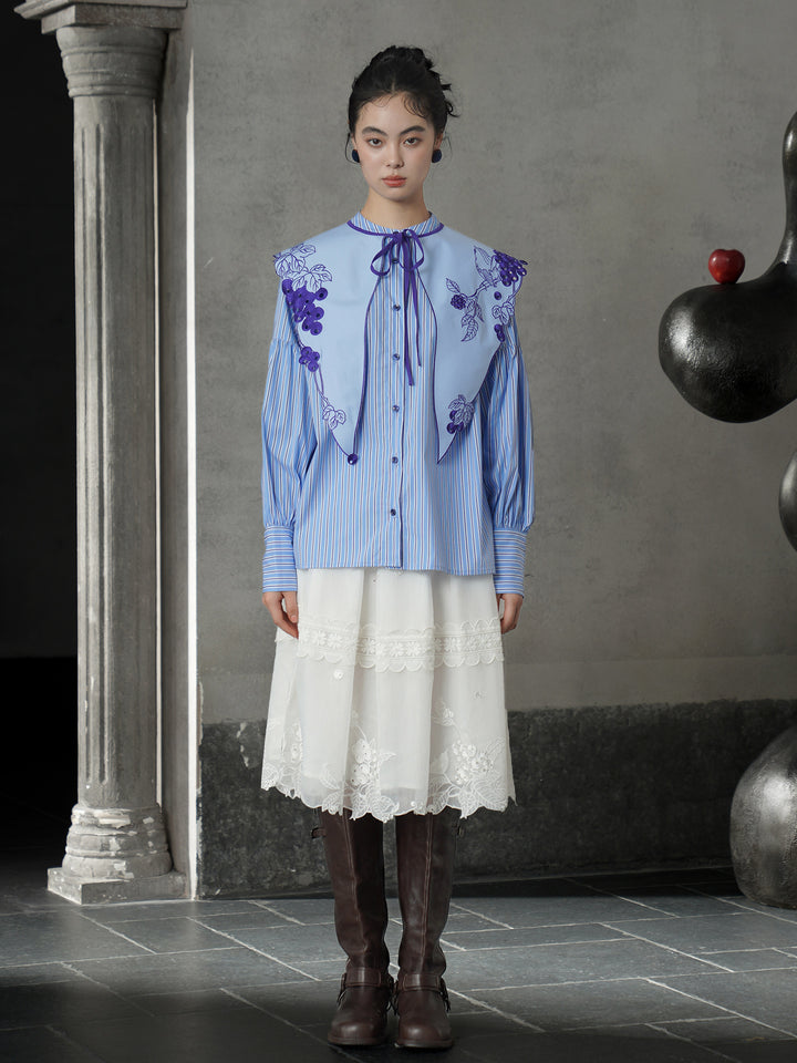 Heavy Embroidered Dolly Collar Shirt | Vintage Girly Long-Sleeve Top