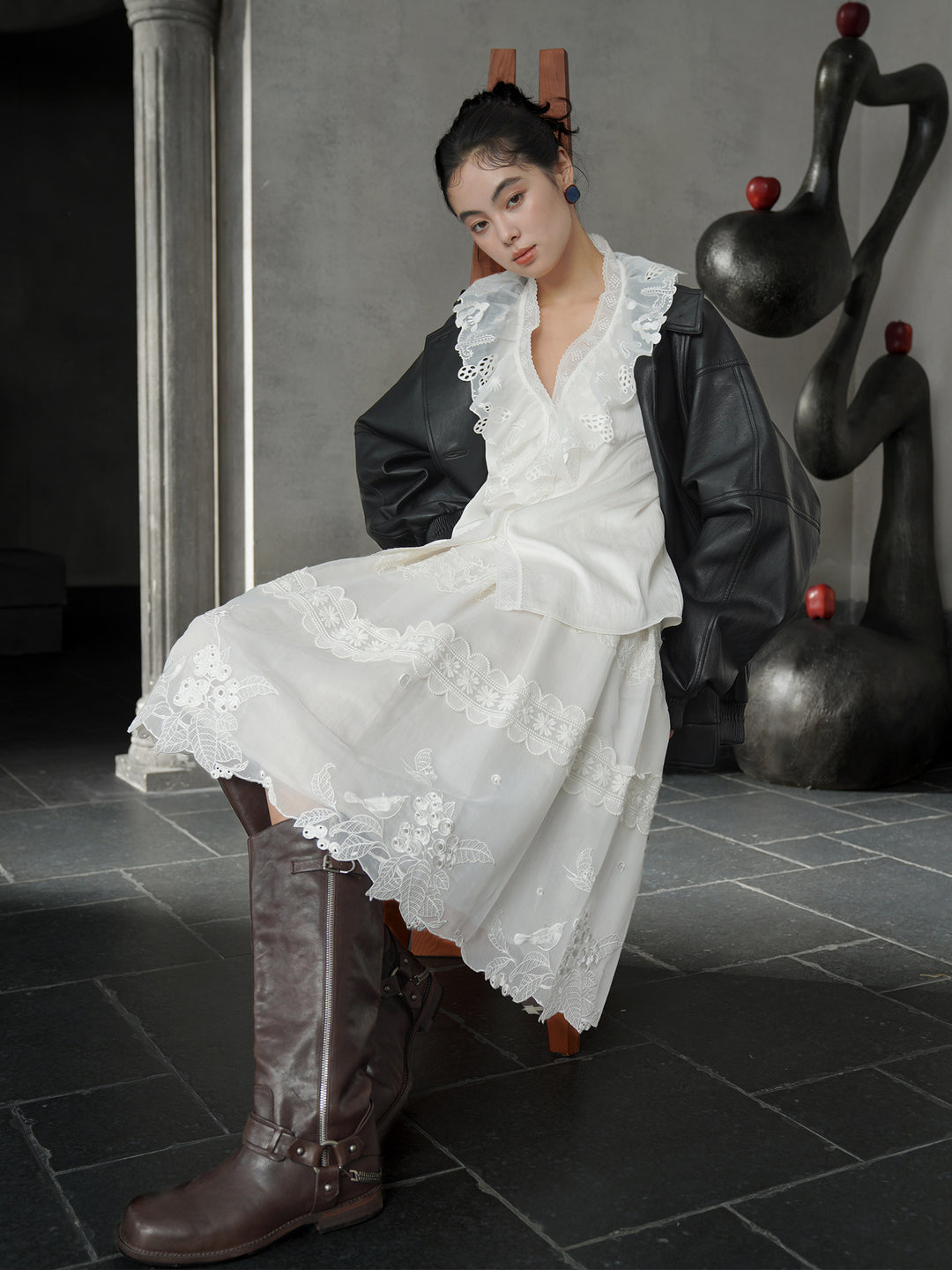 French Pearl White 3D Floral Embroidery Midi Skirt | Textured Flare Design