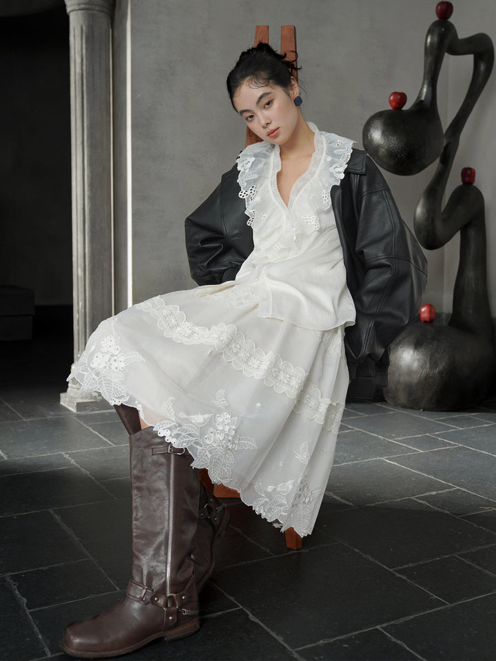 French Pearl White 3D Floral Embroidery Midi Skirt | Textured Flare Design
