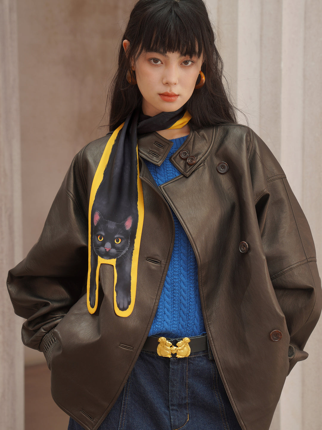 Original Little Black Cat Printed Silk Scarf Smooth Skin friendly Women's Accessories Scarf Personalized Neck Protection Bright Yellow Scarf