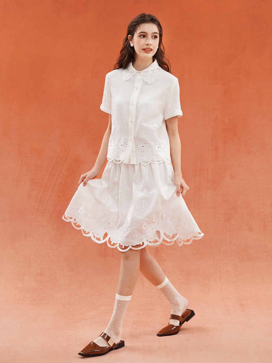 Original French Moonlight White Embroidered Texture Hollow Half Skirt Light Retro Romantic Vacation A-line Skirt