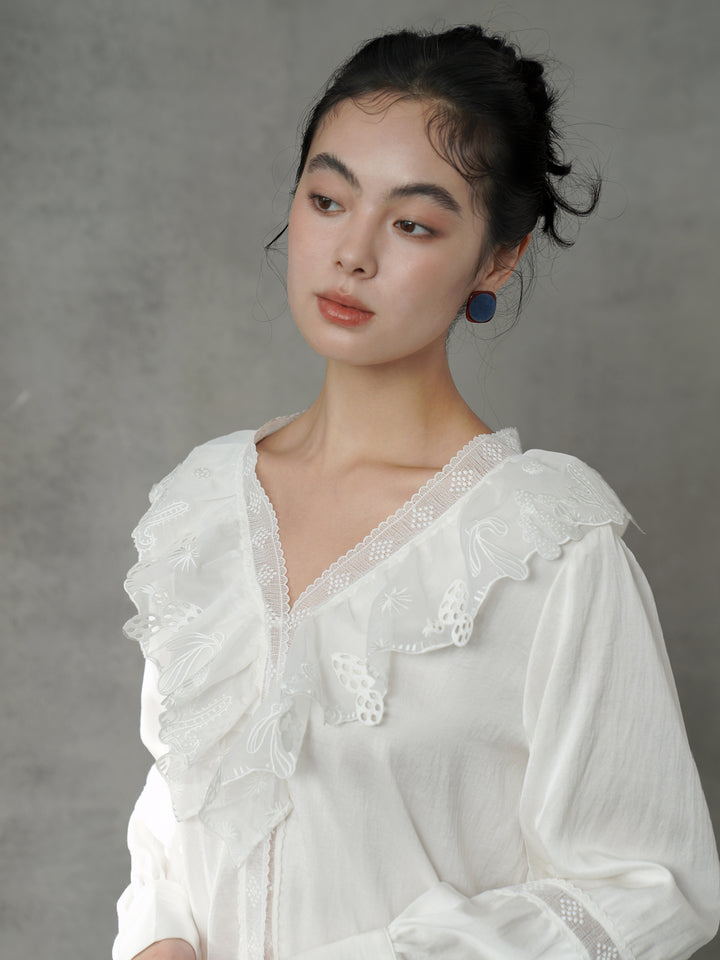 French V-Neck Embroidered Stand Collar Shirt | Romantic Girly Blouse