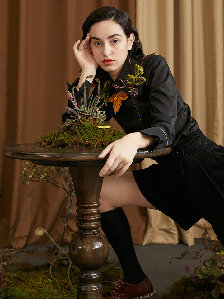 Leaf French Shirt - Original Embroidered Collar Retro Batwing Sleeve Top