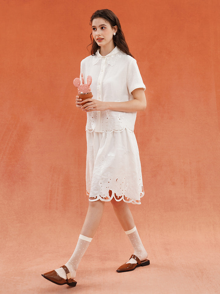 Original woven summer French style retro white shirt with plant embroidery and carved holes, slightly transparent, lightweight and versatile top