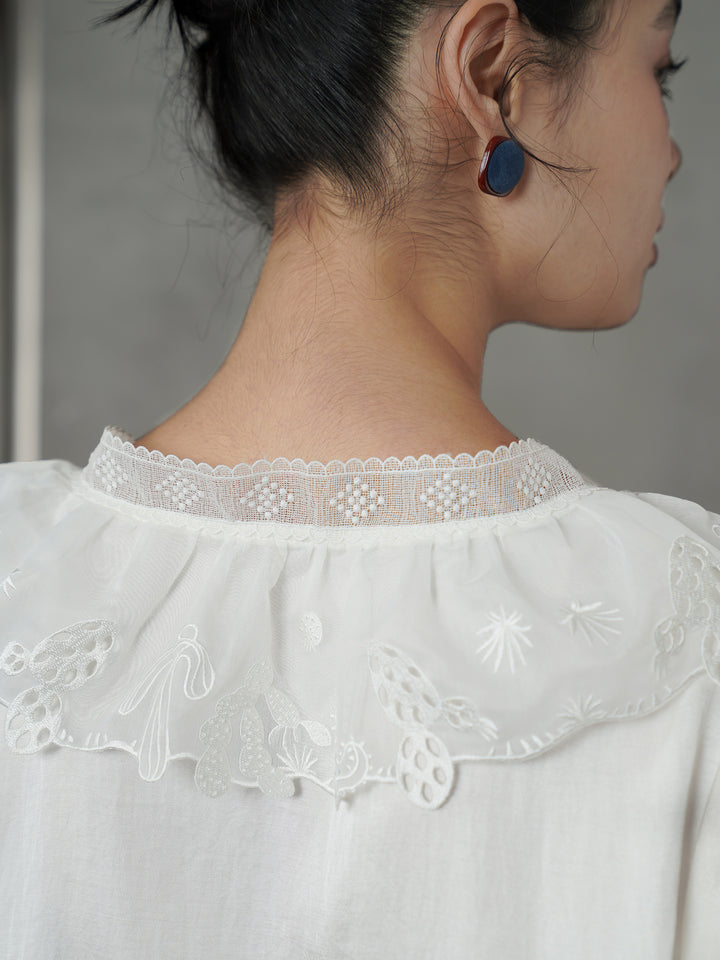 French V-Neck Embroidered Stand Collar Shirt | Romantic Girly Blouse