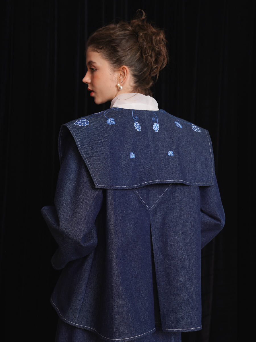 Original Heavy Industry Embroidered Cowboy Coat Spring Big Collar Top Retro Wide Sleeves Art Stand Cut