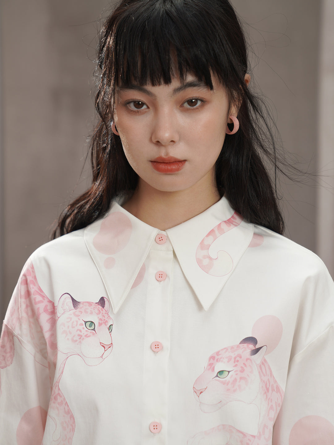 Pink Leopard Hand-Painted Shirt - Artistic Retro Oversized Lapel Blouse