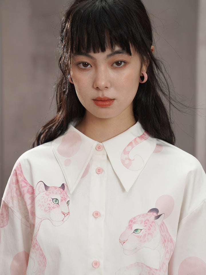 Pink Leopard Hand-Painted Shirt - Artistic Retro Oversized Lapel Blouse